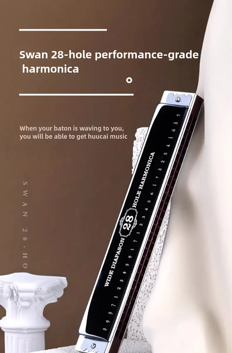 Professional 28-Hole Double Row Harmonica with Brass Reeds - Polished Metal Finish, Includes Case - Ideal for Musicians and Students