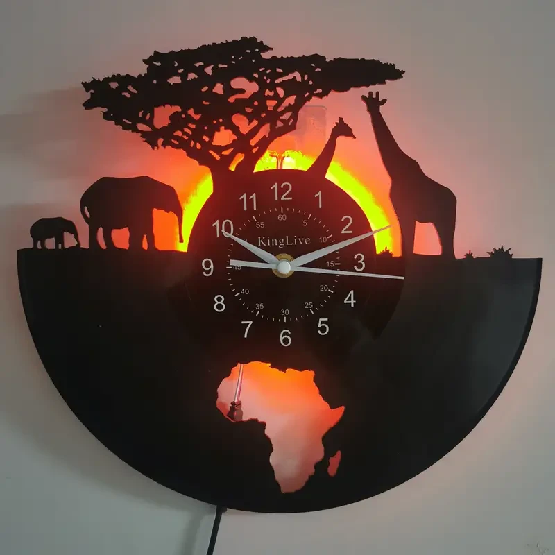 Unique Arched Vinyl Record Wall Clock - Silent, Battery-Powered African Wildlife Design