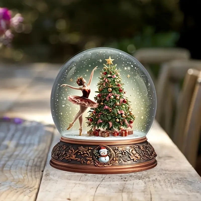 Boho-Chic Christmas Music Box with Rotating Carriage - Acrylic Snowball Design