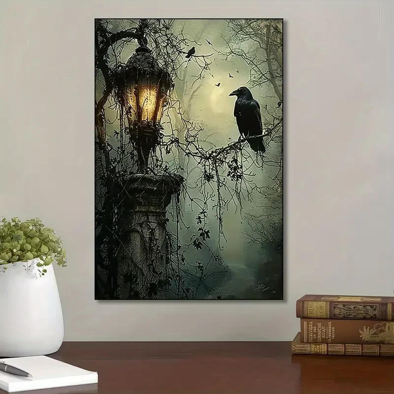 Mysterious 1pc Gothic Raven and Lantern Wall Art Canvas Print