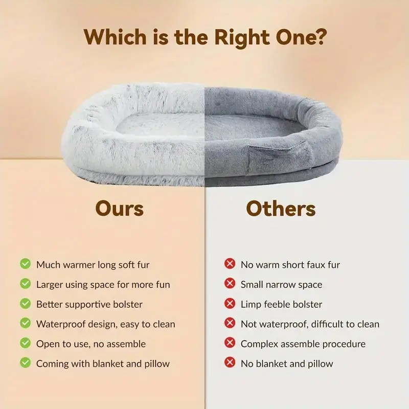 Human Dog Bed - Washable Faux Fur Orthopedic Bed for People and Pets with Plump Pillow and Blanket