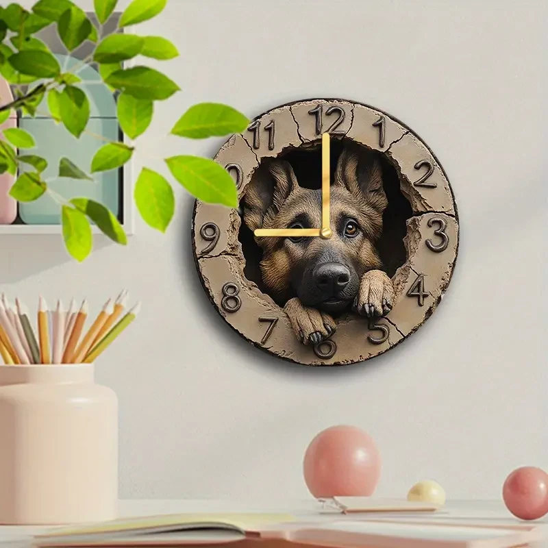 Silent German Shepherd Peeking Wall Clock