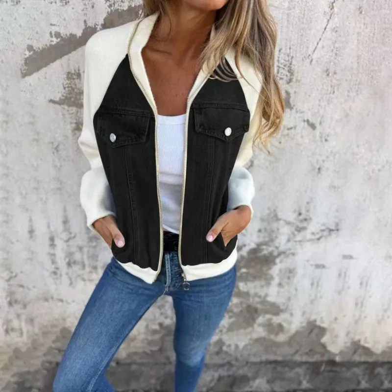 Denim Patchwork Jacket Casual Hooded Zipper Jacket