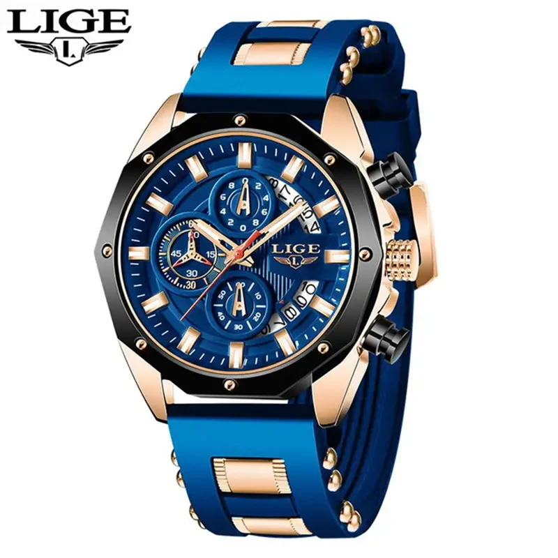 LIGE Men's Luxury Silicone Strap Waterproof Sport Quartz Watch - Chronograph Military Clock