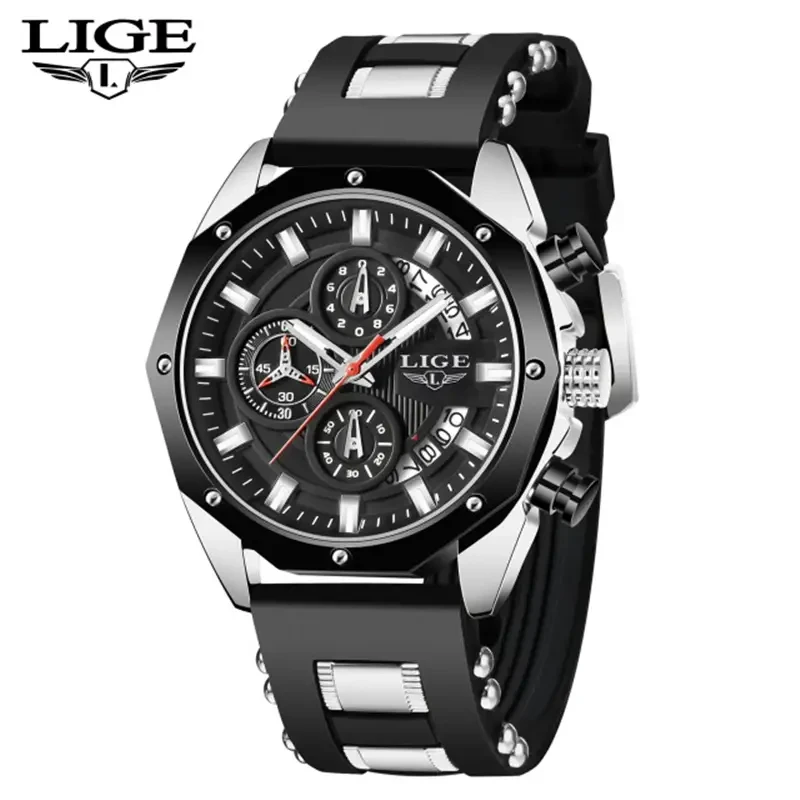 LIGE Men's Luxury Silicone Strap Waterproof Sport Quartz Watch - Chronograph Military Clock