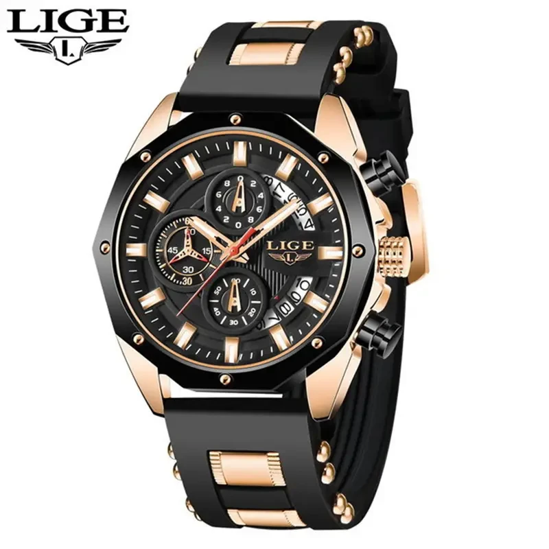 LIGE Men's Luxury Silicone Strap Waterproof Sport Quartz Watch - Chronograph Military Clock