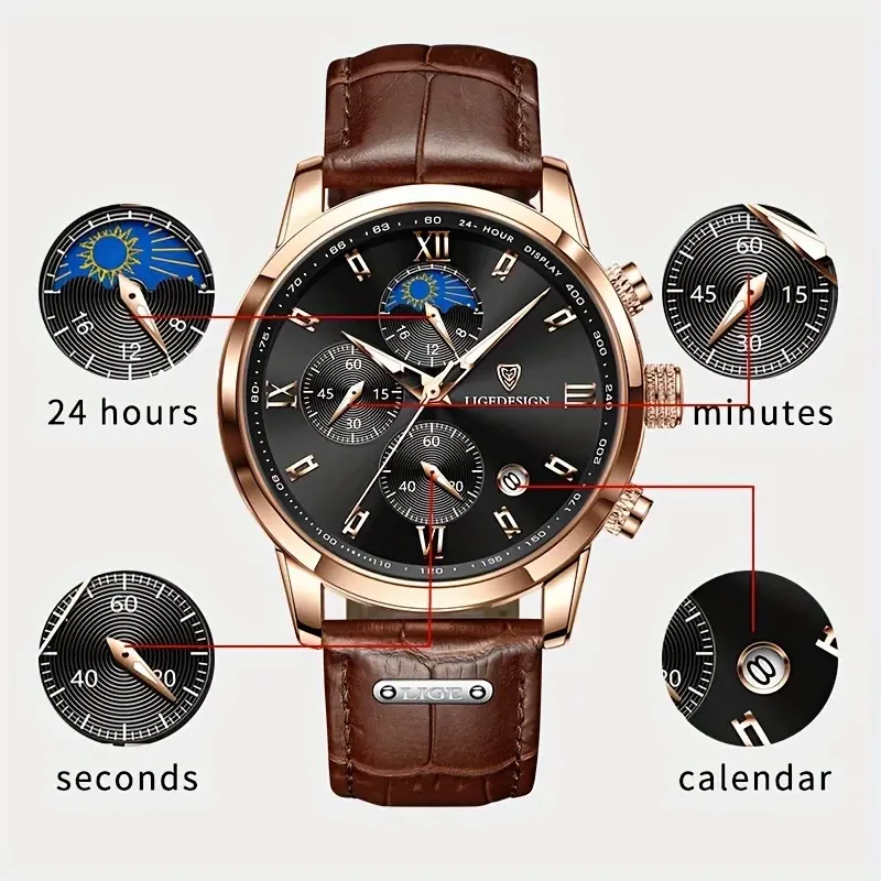 LIGE Men's Watch with Leather Strap - Outdoor Sports Waterproof Chronograph with Luminous Calendar
