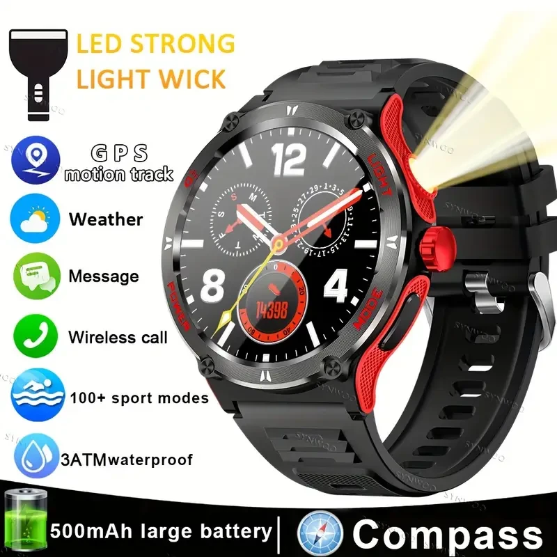 Smart Watch for Men with LED Flashlight - 1.53" Music Player, Pedometer, 100+ Sports Modes, Fitness Tracker, Sleep Monitor, Compass, Compatible with iPhone and Android