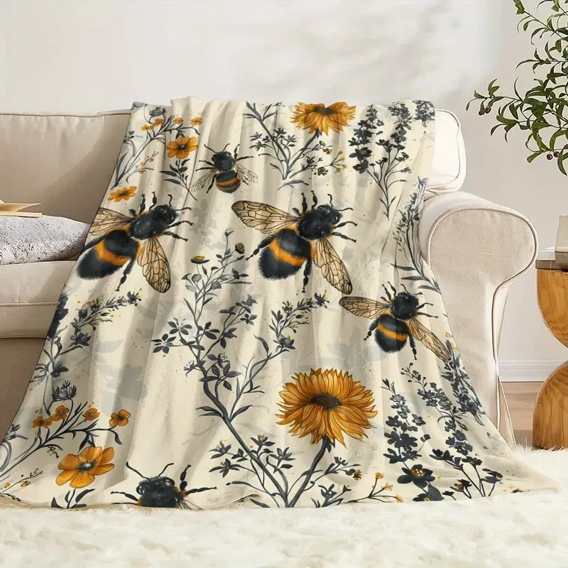 Bee and Wildflower Themed Flannel Throw Blanket