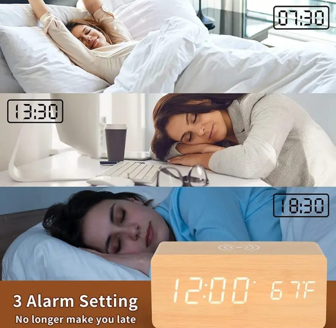 AWESOME WOODGRAIN ALARM CLOCK WITH WIRELESS CHARGER AT TOP , USB POWERED