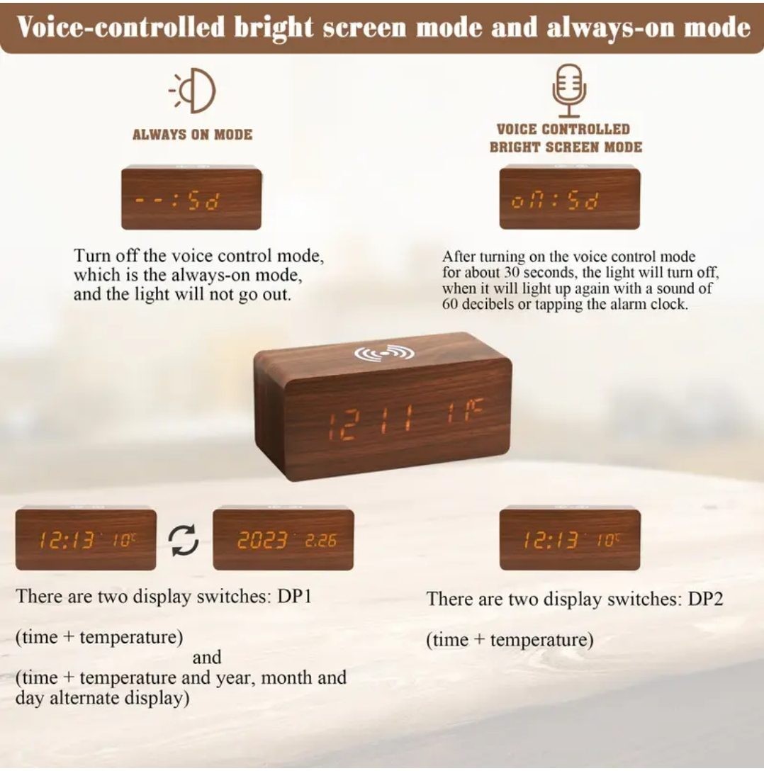 AWESOME WOODGRAIN ALARM CLOCK WITH WIRELESS CHARGER AT TOP , USB POWERED