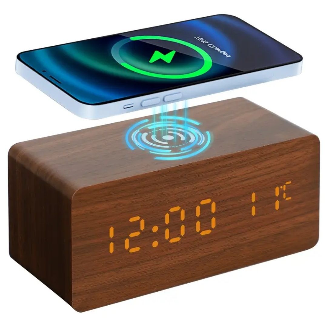 AWESOME WOODGRAIN ALARM CLOCK WITH WIRELESS CHARGER AT TOP , USB POWERED