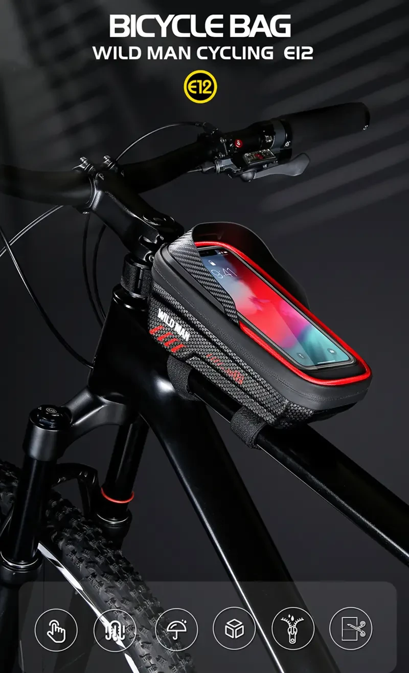 WILD MAN Front Bicycle Frame Bag, Waterproof Cycling Bag, Touch Screen Phone Case, 17.27cm Hard Shell Bike Bag, Mtb Accessories
