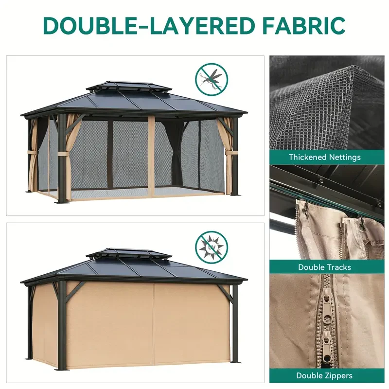 Balconera Gazebo - Polycarbonate Hardtop Double Roof Canopy with Netting and Shaded Curtains, Aluminum Frame (10x12ft, 12x12ft, 12x14ft, 12x16ft)