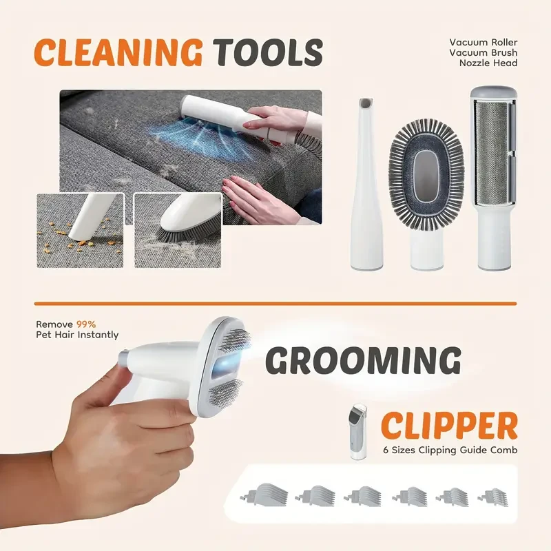 Pet Grooming Vacuum Kit 5 in 1 - Professional Clippers with 6 Guide Combs, Strong Suction for 99% Pet Hair
