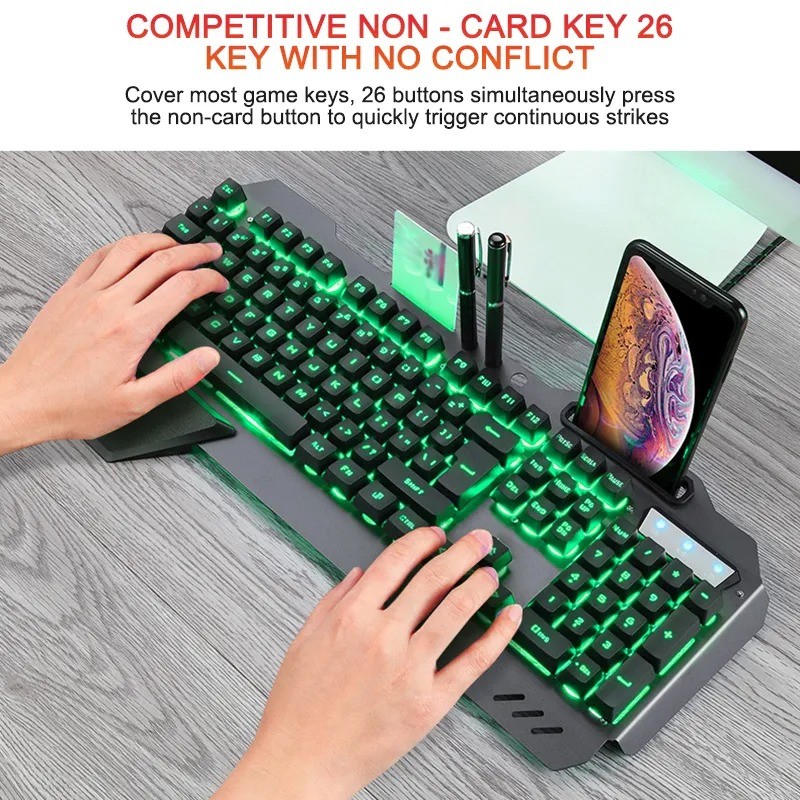 Ergonomic Wired Gaming Keyboard with RGB Backlight and Phone Holder
