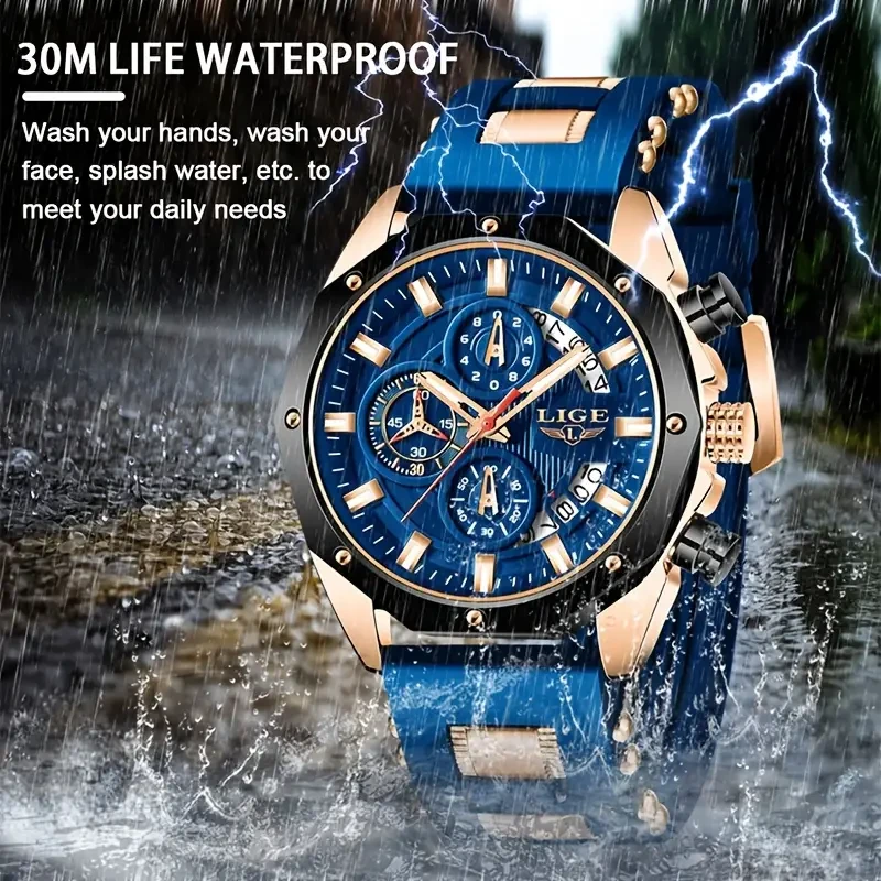 LIGE Men's Luxury Silicone Strap Waterproof Sport Quartz Watch - Chronograph Military Clock