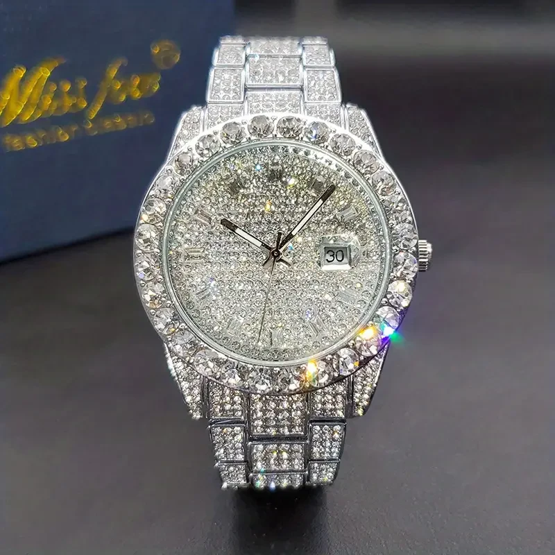 Men's Faux Diamond Quartz Watch - Hip Hop Rock Fashion Calendar Watch