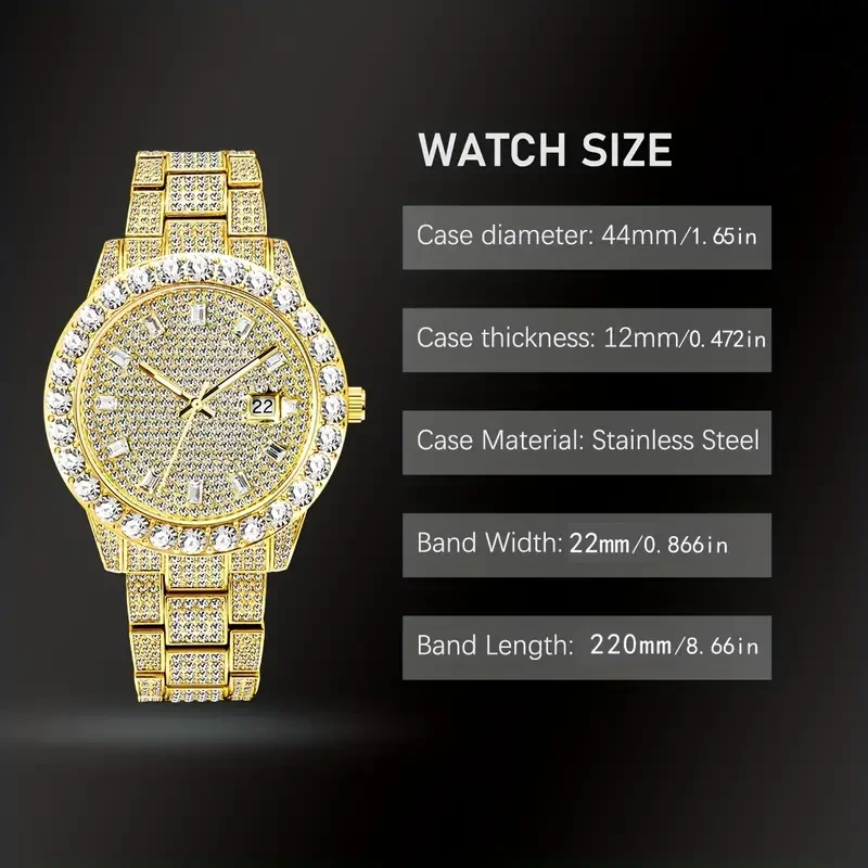 Men's Faux Diamond Quartz Watch - Hip Hop Rock Fashion Calendar Watch