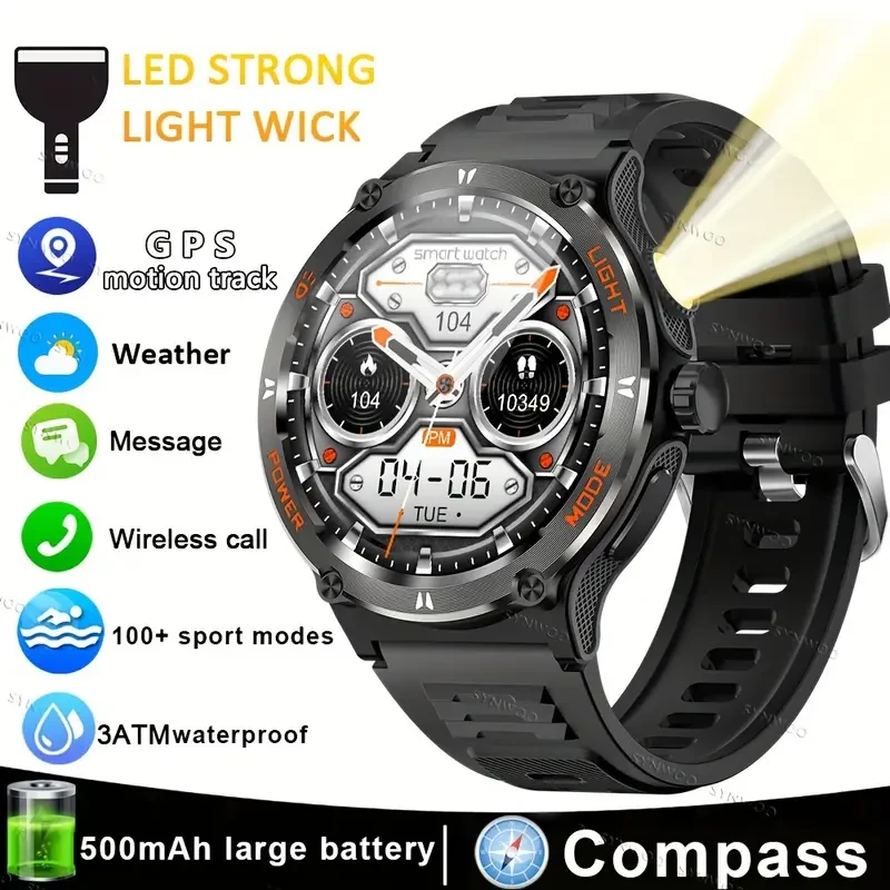 Smart Watch for Men with LED Flashlight - 1.53" Music Player, Pedometer, 100+ Sports Modes, Fitness Tracker, Sleep Monitor, Compass, Compatible with iPhone and Android