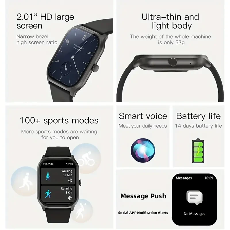 Smart Watch with 2.01 Inch Square Screen - Answer & Make Calls, Message Push, 100+ Sports Modes, Fitness Tracker, Pedometer, Music Control, Outdoor Smartwatch for Android and iOS