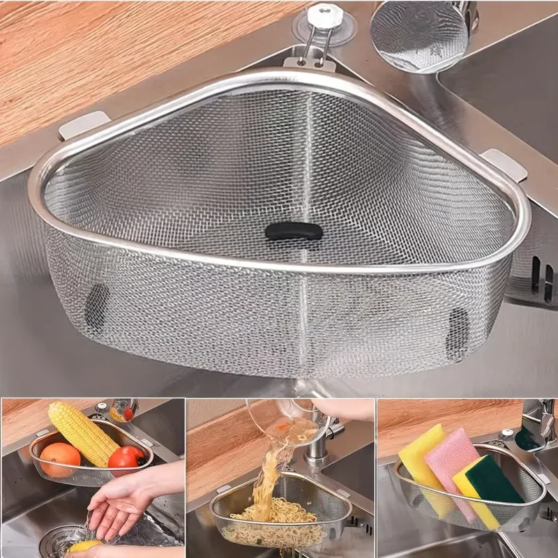 201 Stainless Steel Triangle Corner Sink Strainer  Multipurpose Kitchen Mesh Basket