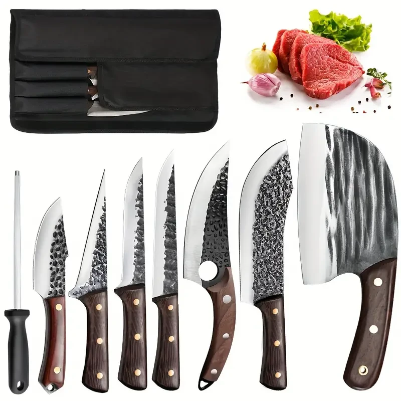 8PCS Professional Chef Butcher's Knife Set  High Carbon Steel Japanese Kitchen Knives + Storage Bag