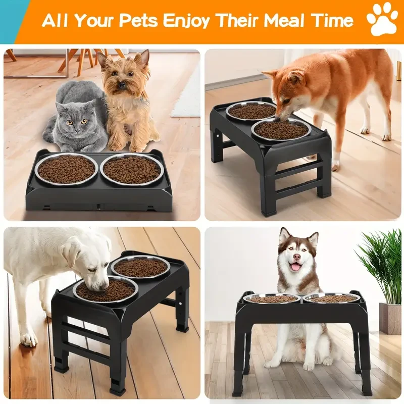 4-Height Adjustable Elevated Dog Bowls Stand 2 Stainless Steel Bowls for Large & Medium Dogs