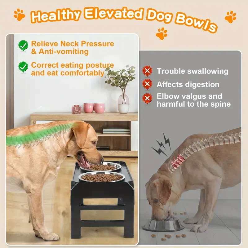 4-Height Adjustable Elevated Dog Bowls Stand 2 Stainless Steel Bowls for Large & Medium Dogs
