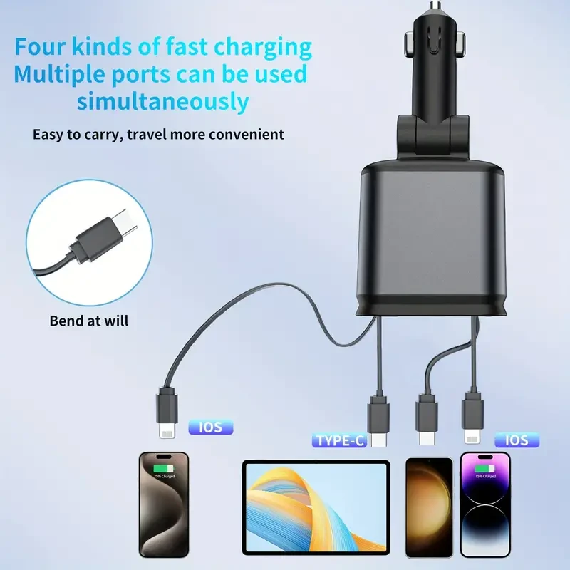 W&O 4-in-1 Retractable Car Charger  High-Power Adapter with USB & Type-C Ports