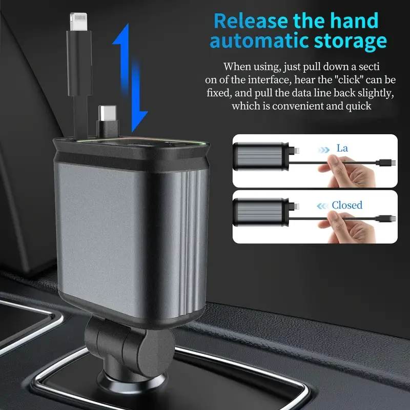W&O 4-in-1 Retractable Car Charger  High-Power Adapter with USB & Type-C Ports