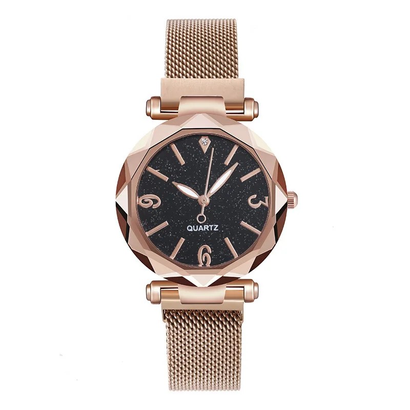 Simple Rose Gold Mesh Belt Magnetic Quartz Wrist Watch