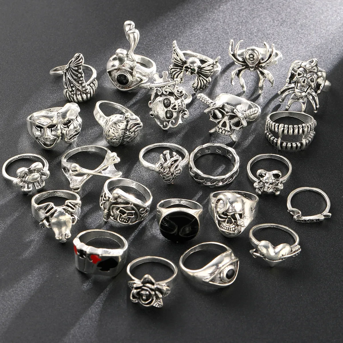 Cross-Border Dark Hip Hop Skull Spider Punk Ring Set  24-Piece Retro Card Collection