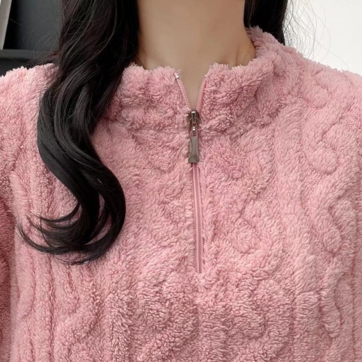 Autumn And Winter New Twist Zipper Couple Fleece-lined Thick Coral Fleece Pajamas Homewear Loungewear Sleepwear For Sleeping