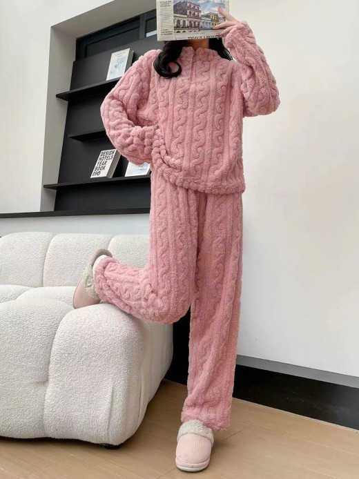 Autumn And Winter New Twist Zipper Couple Fleece-lined Thick Coral Fleece Pajamas Homewear Loungewear Sleepwear For Sleeping