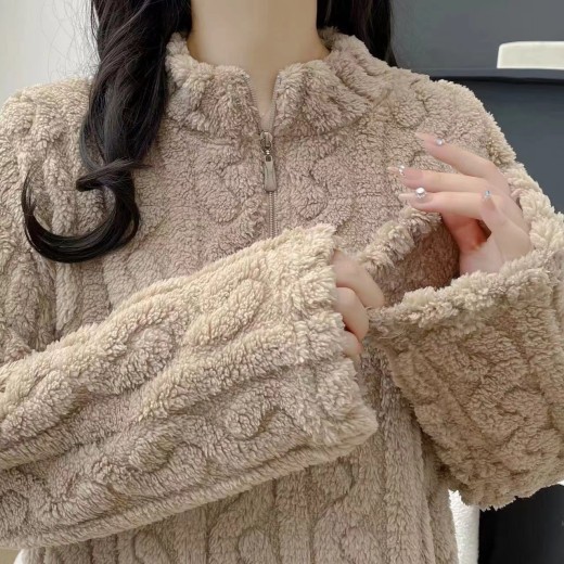 Autumn And Winter New Twist Zipper Couple Fleece-lined Thick Coral Fleece Pajamas Homewear Loungewear Sleepwear For Sleeping