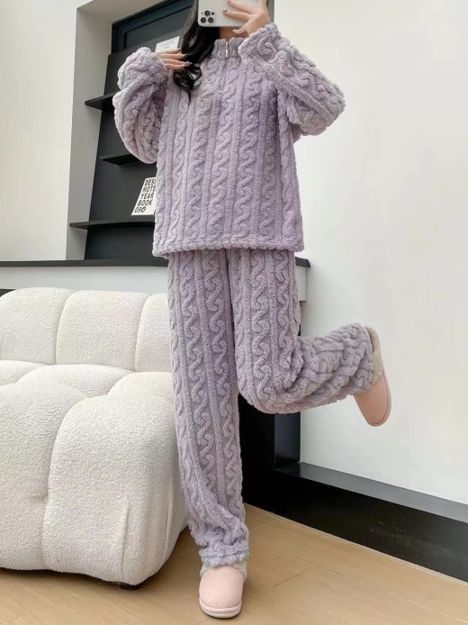 Autumn And Winter New Twist Zipper Couple Fleece-lined Thick Coral Fleece Pajamas Homewear Loungewear Sleepwear For Sleeping