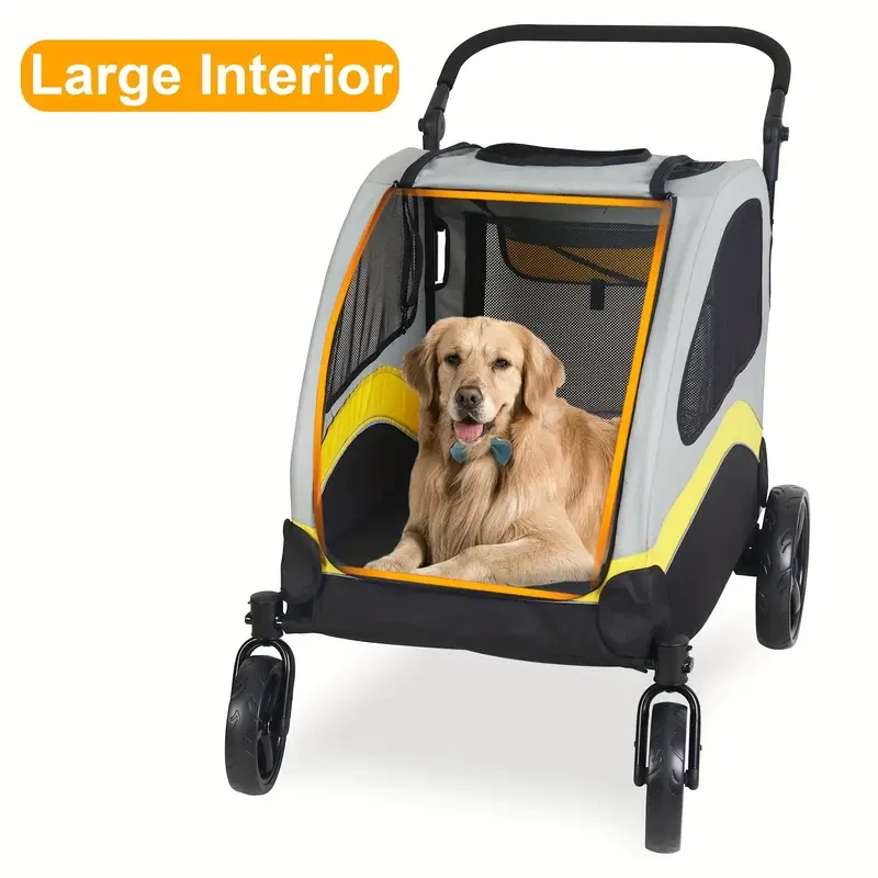 4 Wheels Pet Travel Stroller:Foldable Dog Jogger Wagon Stroller Zipper Divider Outdoor Travel Stroller Breathable Large Dog Pushchair Cat And Dog Trolley With 78cm Entry Door Load Up To 45kg