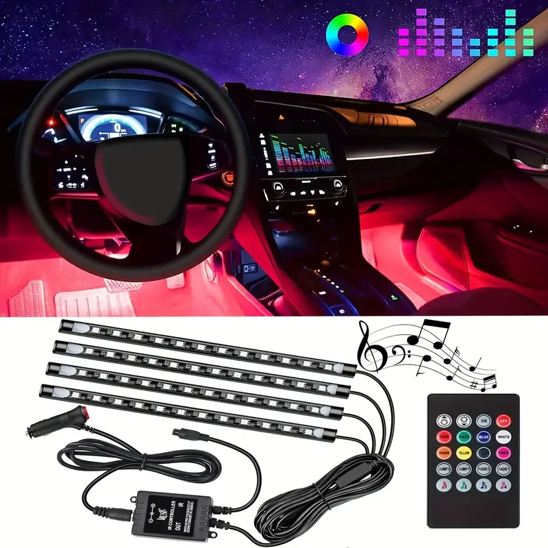 4PCS 48-LED Music Car Strip Light Kit  Sound Active & Wireless Remote