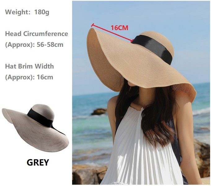 Grey- 16cm Wide Brim Women Lady Sun Straw Hat Floppy Derby Summer Beach Cap
