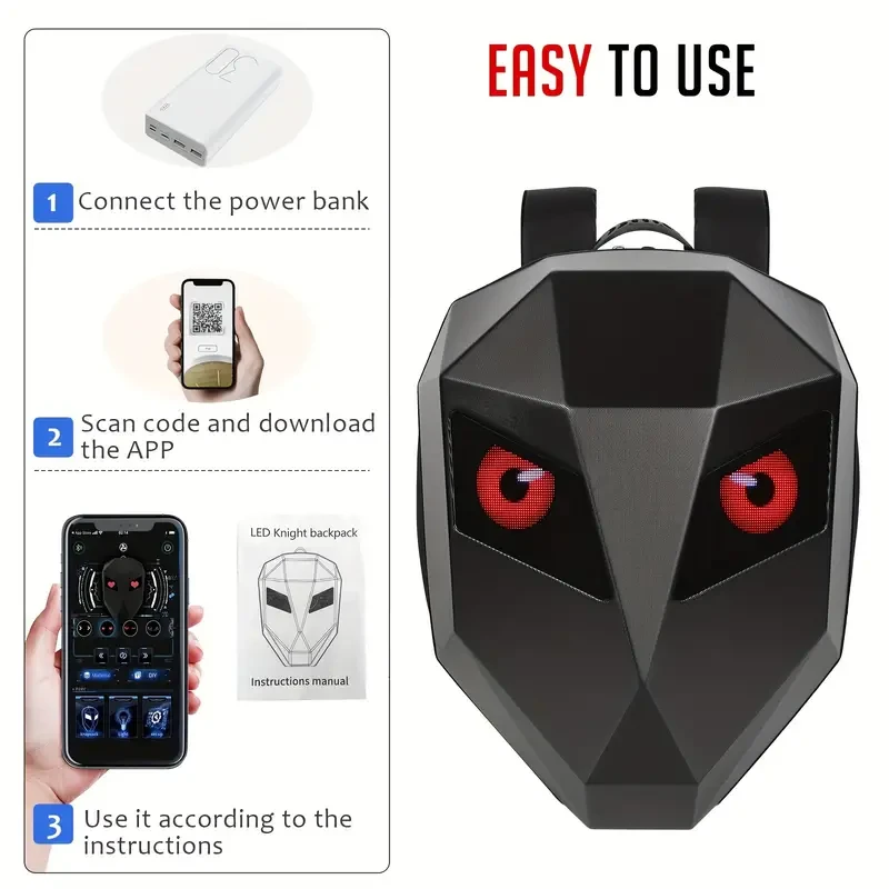 LED Motorcycle Riding Backpack with Hard Shell, DIY Helmet Storage, and Waterproof Laptop Compartment - 19 Inch Outdoor Camping Bag