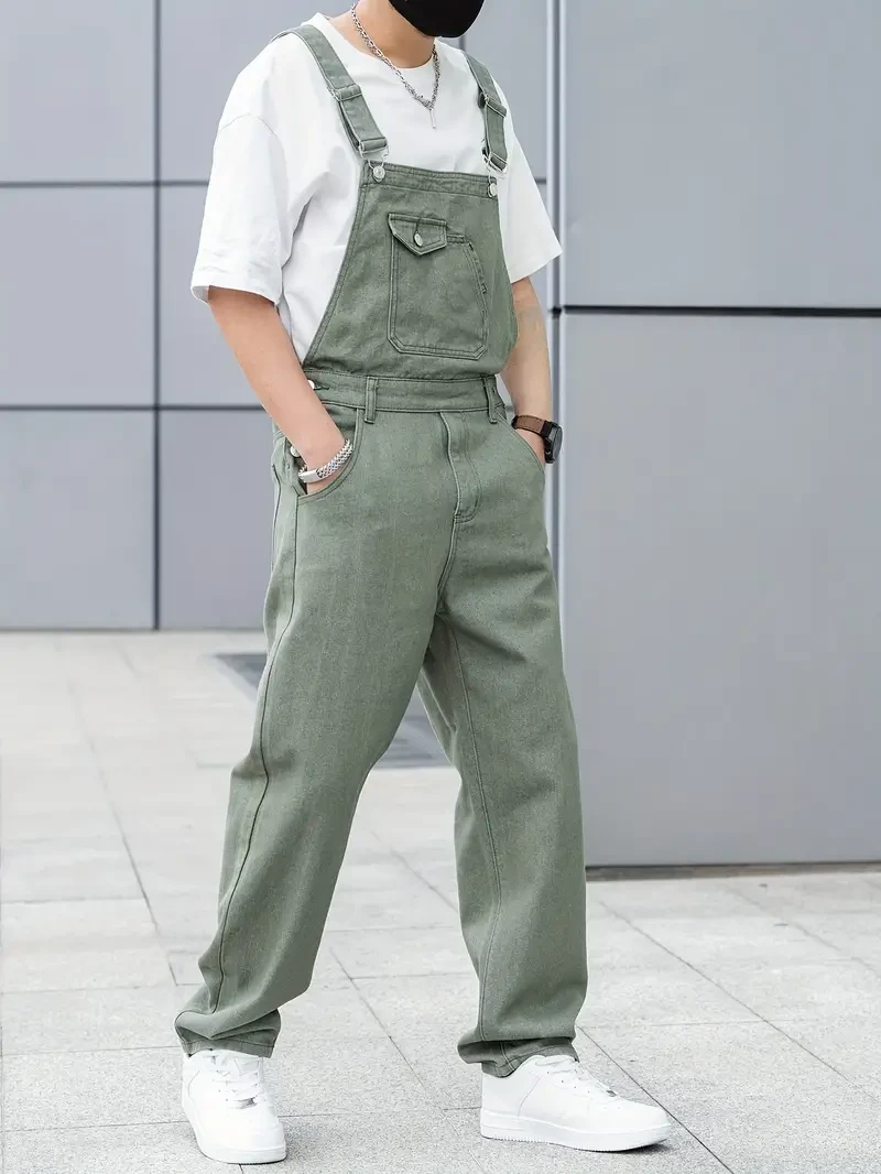 Men's All-Season Green Denim Bib Overalls - Loose, Casual Streetwear