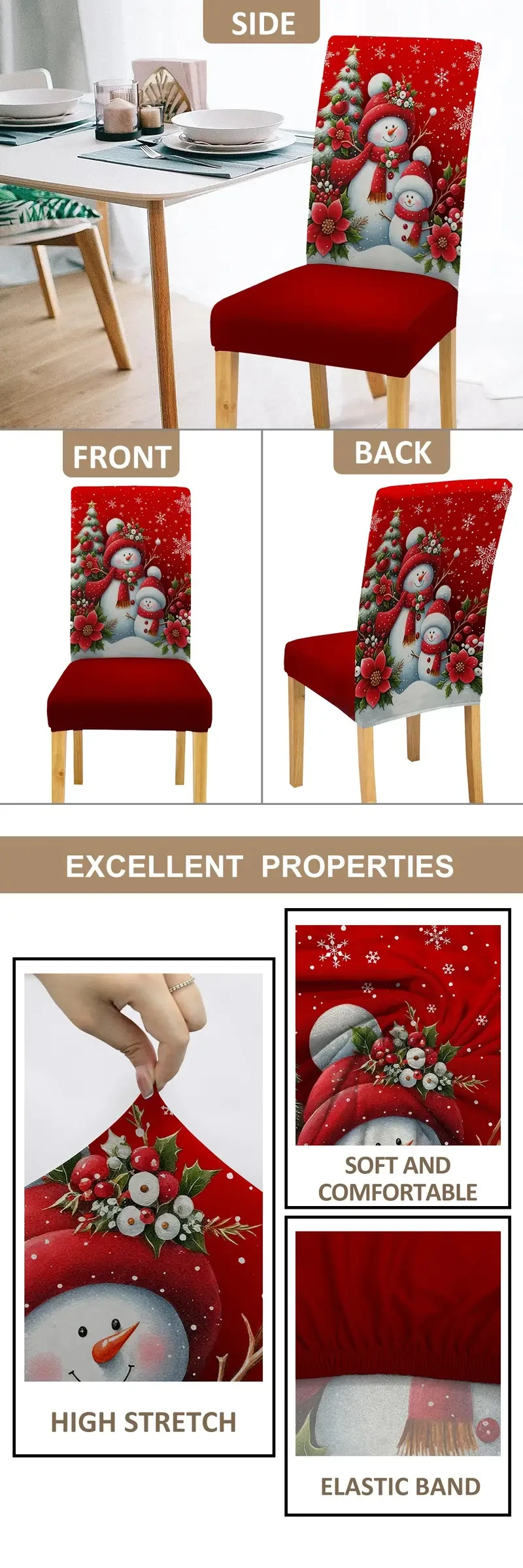 Festive Christmas Snowman Chair Covers - 4/6pcs, Stretchy Spandex & Polyester Dining & Living Room Decor, Machine Washable