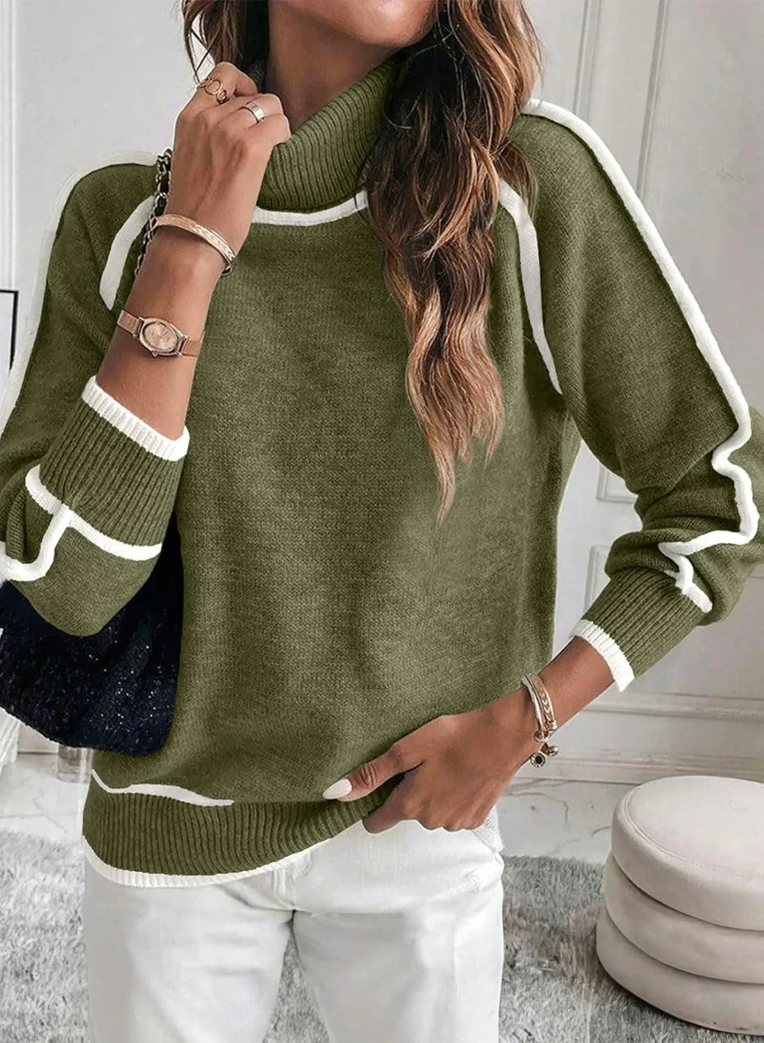 Solid Color Color Matching High-necked Casual Women's Clothing Fashion Knit Top Outerwear