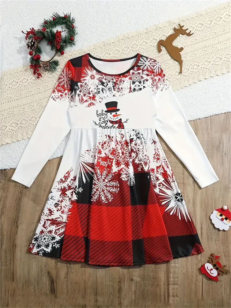 Fashion Girls Cute Long Sleeve Dress Up Christmas Fun Dress Up Print Cinched Waist Hem Big Swing Fashion Skirt Long Sleeve Dress