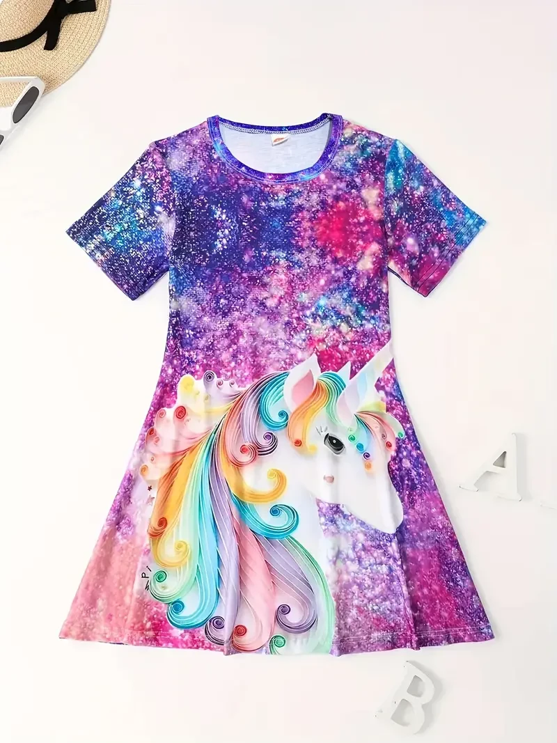 Charming Tie Dye Unicorn Print Tee Dress For Girls, Stretch Short Sleeve Dress For Vacation Going Out