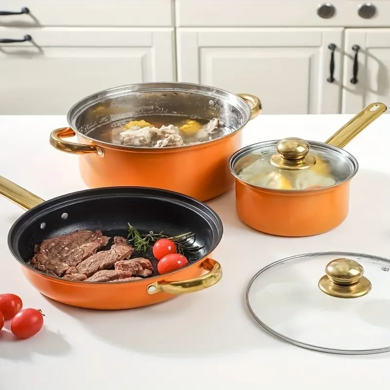SENBOWE 12pcs Stainless Steel Cookware Set - Non-Stick, Includes Frying Pan & Lids, Perfect for Soups & Milk, Multifunctional Kitchen Essentials, Orange
