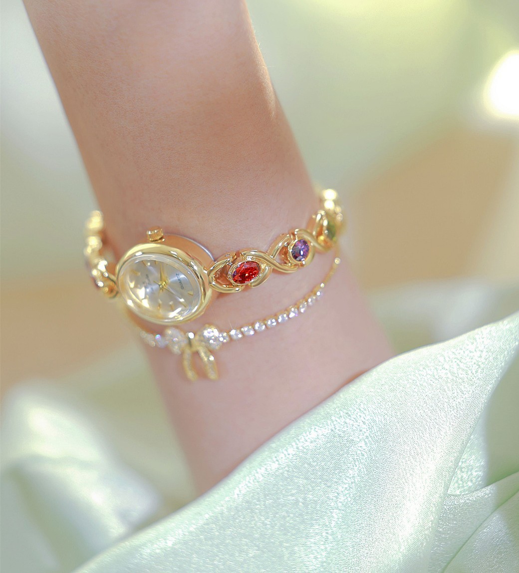 Mid-ancient Fashion Oval Colored Gems Rainbow Light Luxury Watch