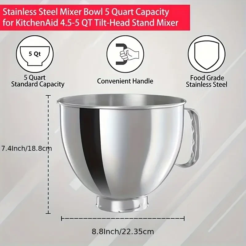 KitchenAid Compatible Stainless Steel Mixer Bowl - 4.5 and 5 Quart