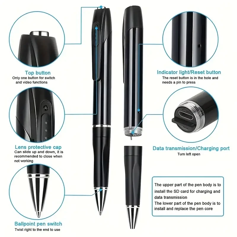Portable 1080P HD Security Camera Pen - Mini Surveillance for Indoor/Outdoor Use